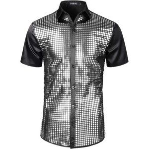 Mens 70s Disco Costume Silver Sequins Short Sleeve Button Down Shirts